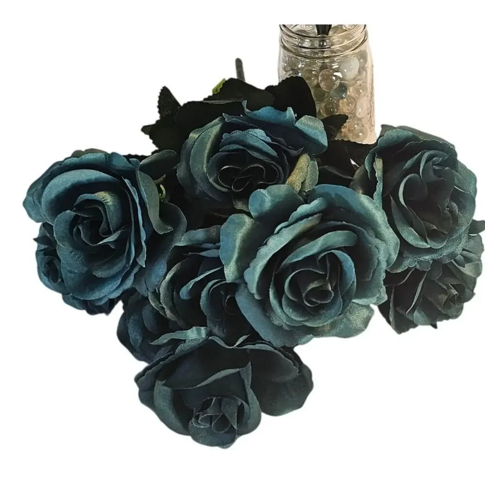 Silk Artificial Teal Rose Bush 12 Large 4in Roses Floral Wedding Craft Lot of 2
